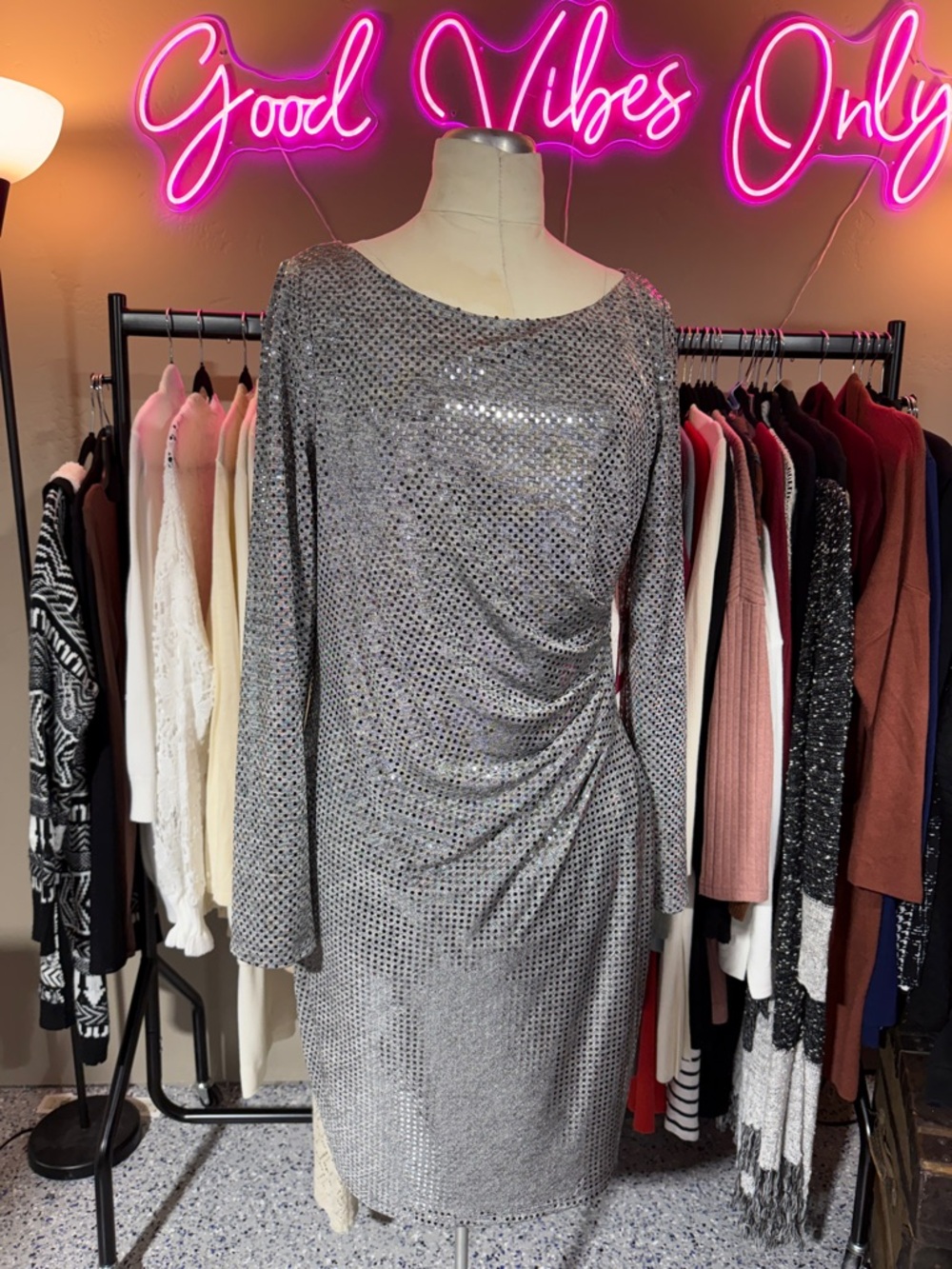 Vince Camuto Silver Sequin Long-Sleeve Sheath Dress with Side Drape